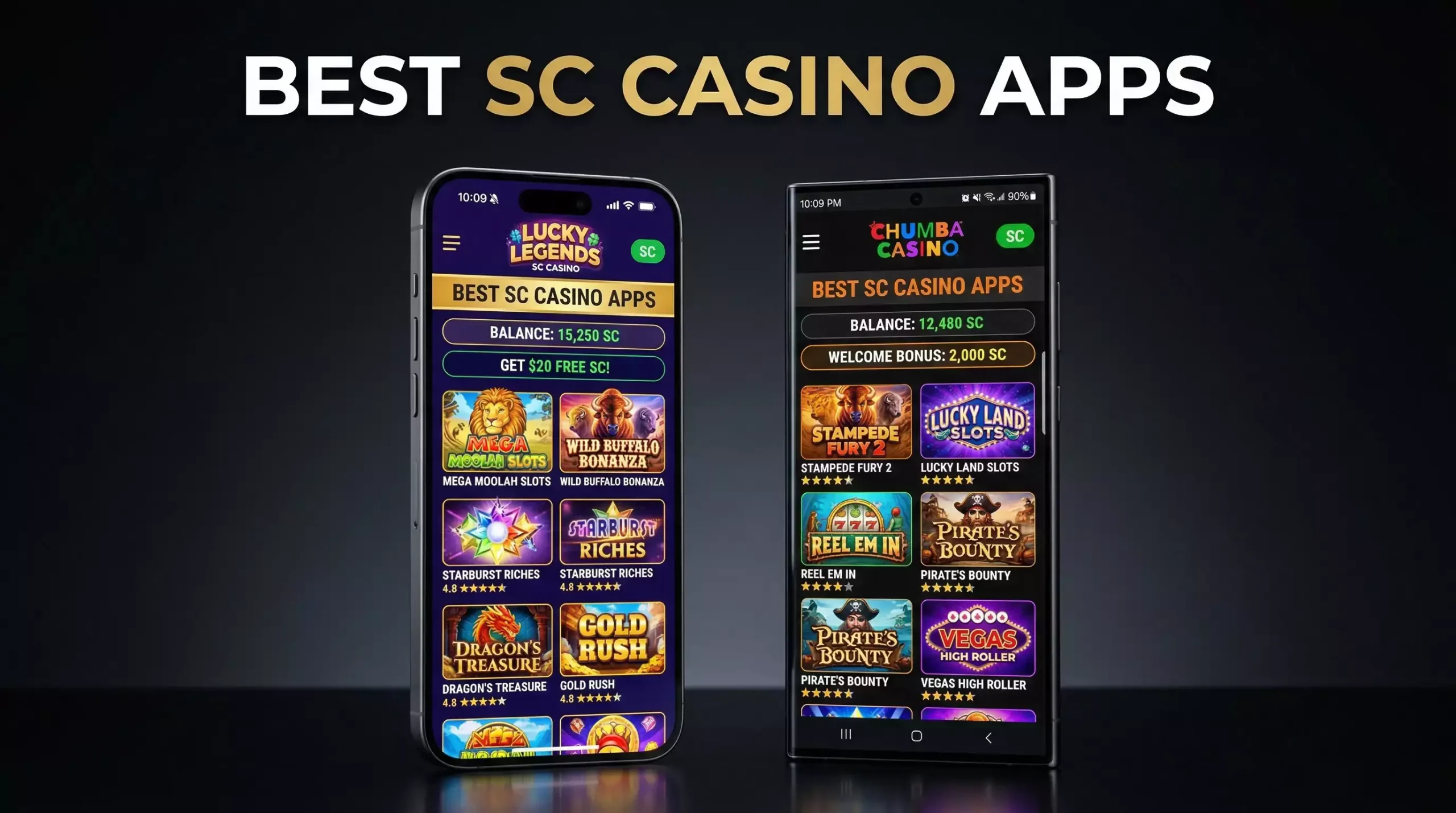 iPhone and Android phone side by side displaying sweepstakes casino apps with colorful game lobbies