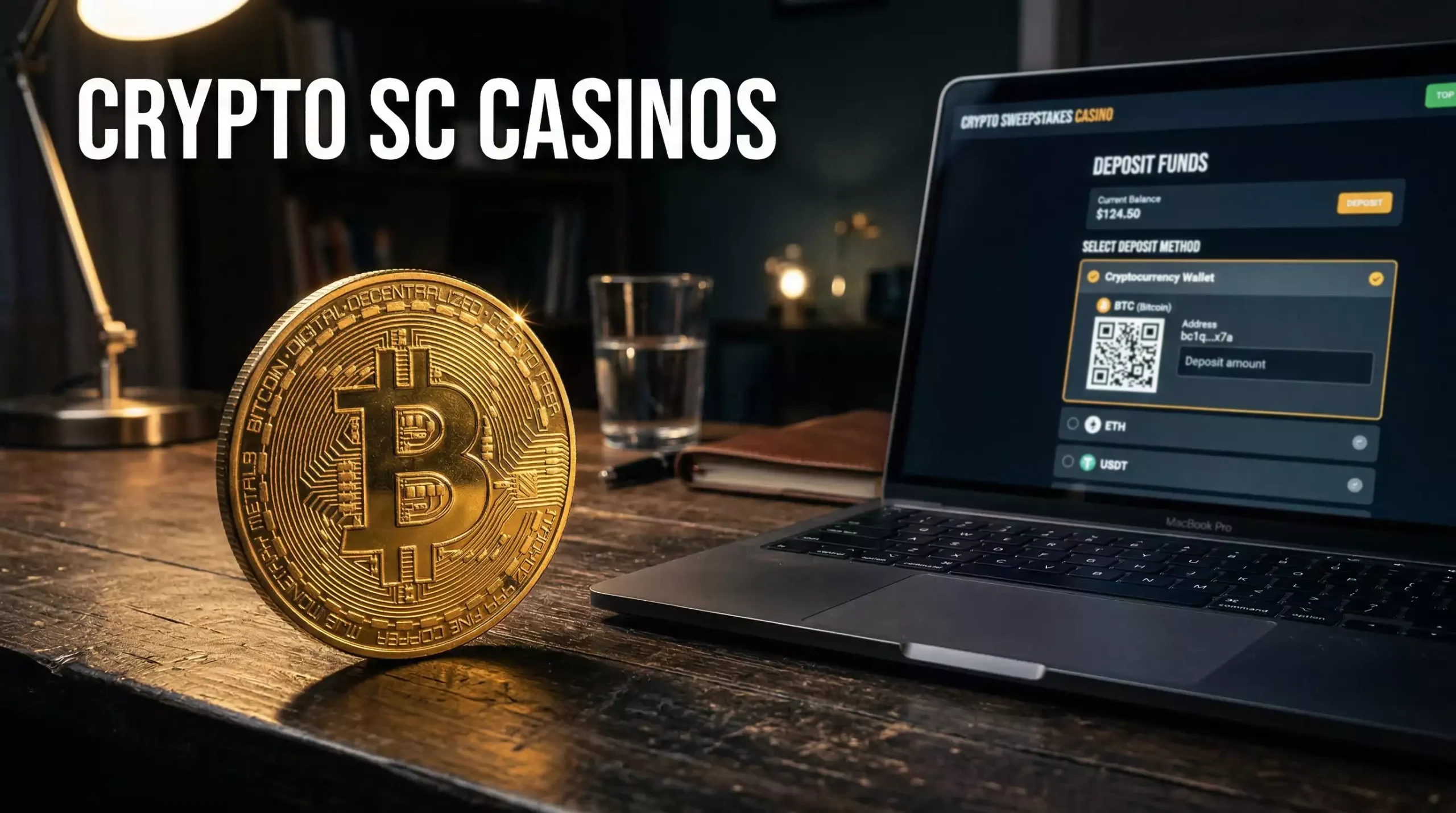 Physical Bitcoin token next to a laptop showing a sweepstakes casino crypto deposit page