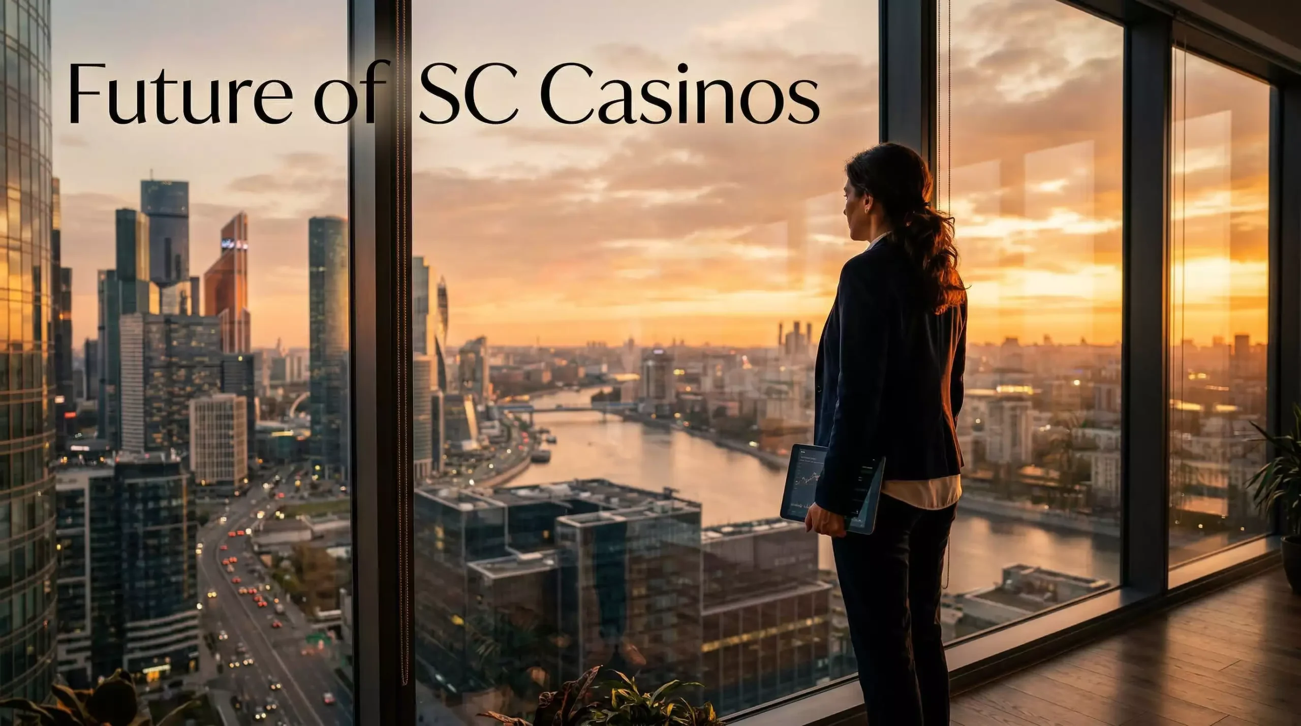 Futuristic cityscape silhouette with an upward growth arrow symbolizing the expanding sweepstakes casino industry