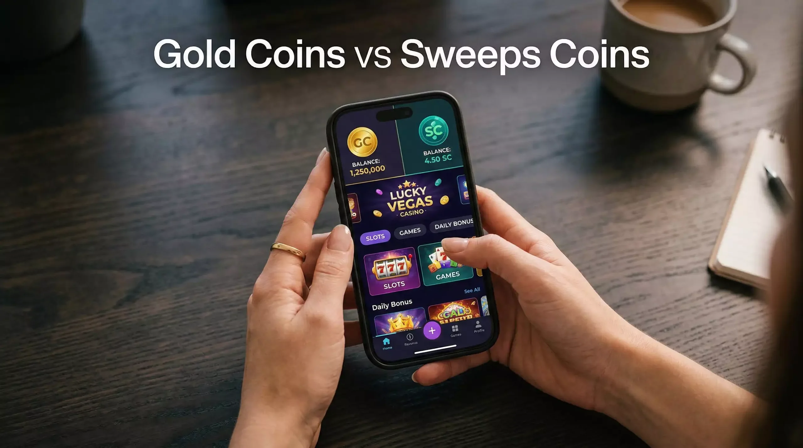 Gold Coins and Sweeps Coins side by side on a sweepstakes casino screen showing dual currency balances