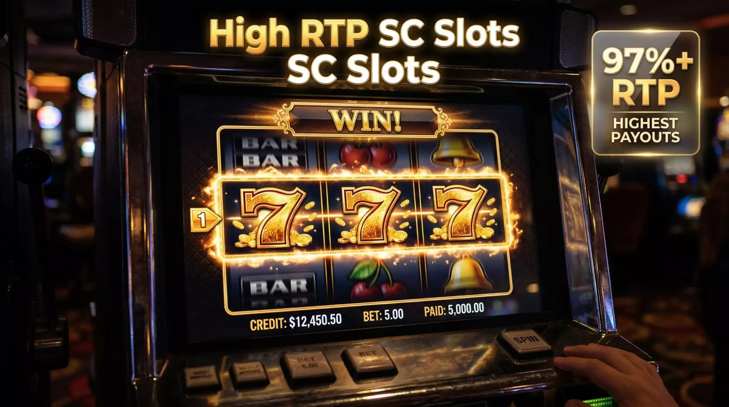 Slot machine reels showing a winning combination with a high RTP percentage badge overlaid