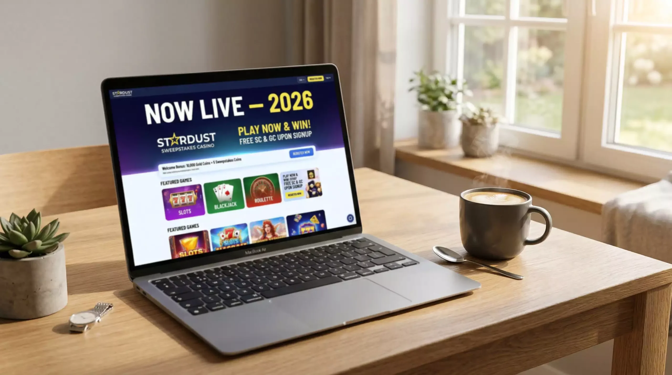 Modern laptop displaying a new sweepstakes casino platform launch page with a 2026 banner