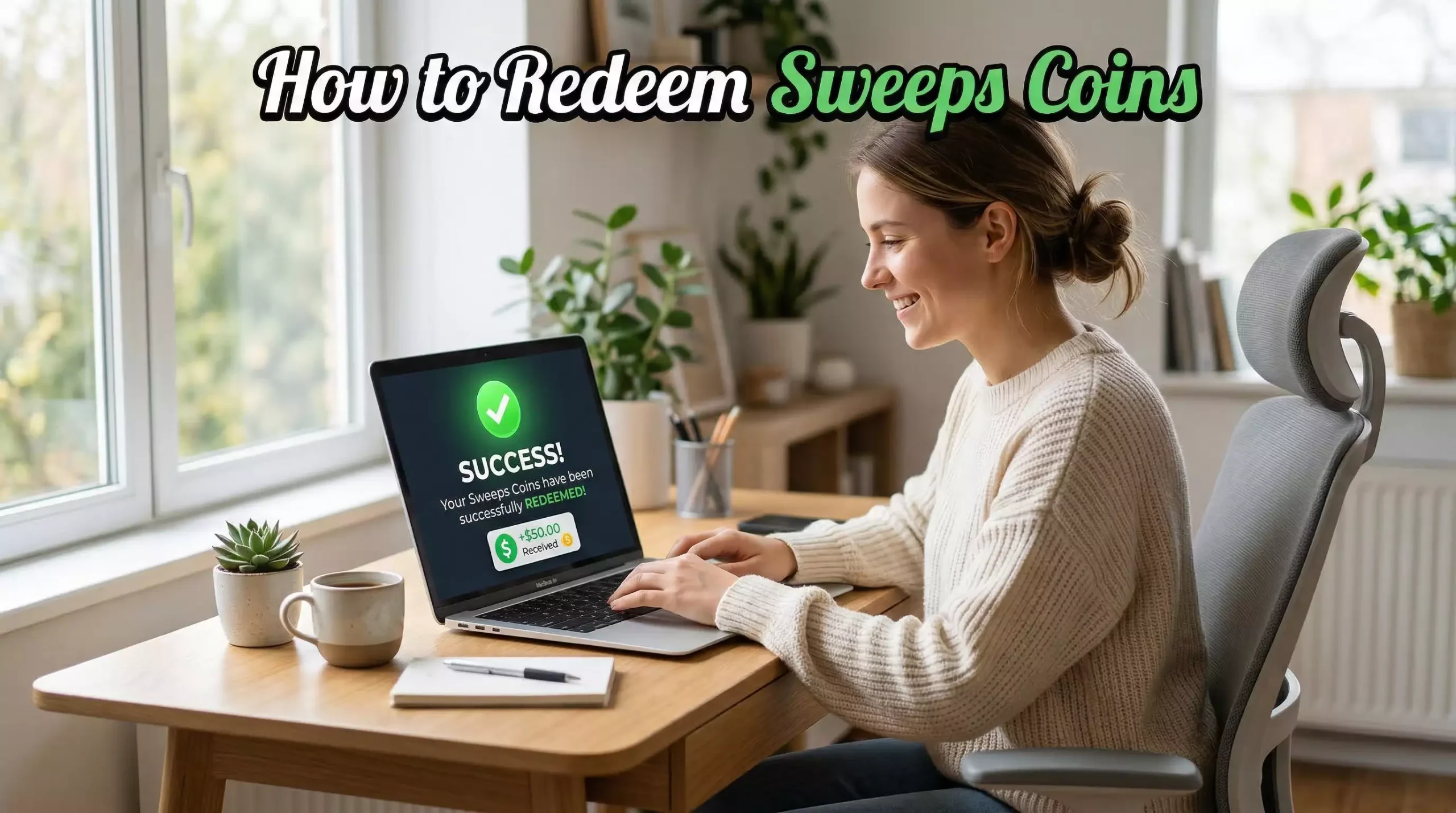 Person completing a Sweeps Coins redemption on a laptop with a confirmation screen showing successful cash out