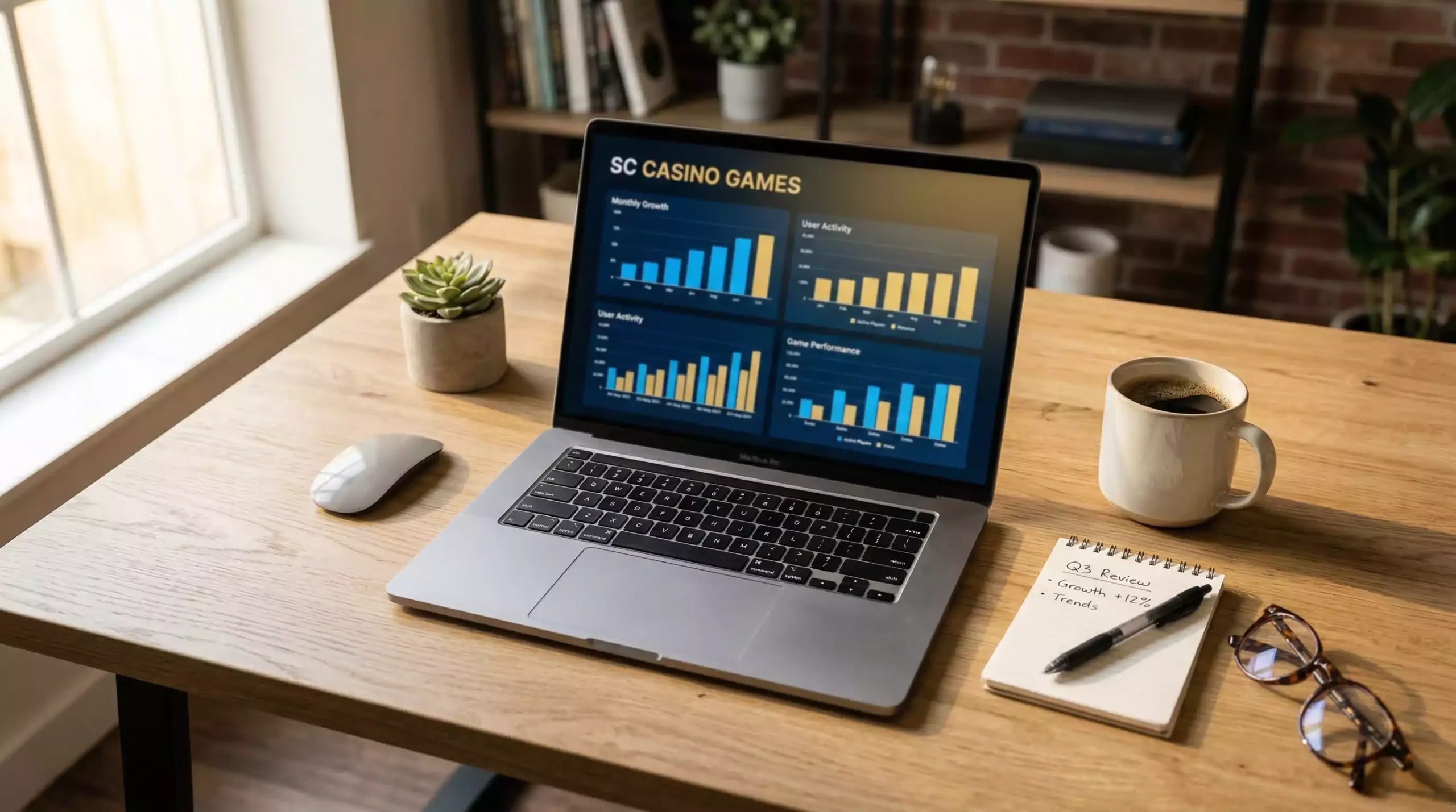 SC casino games overview with sweepstakes coins on a laptop screen in a modern workspace