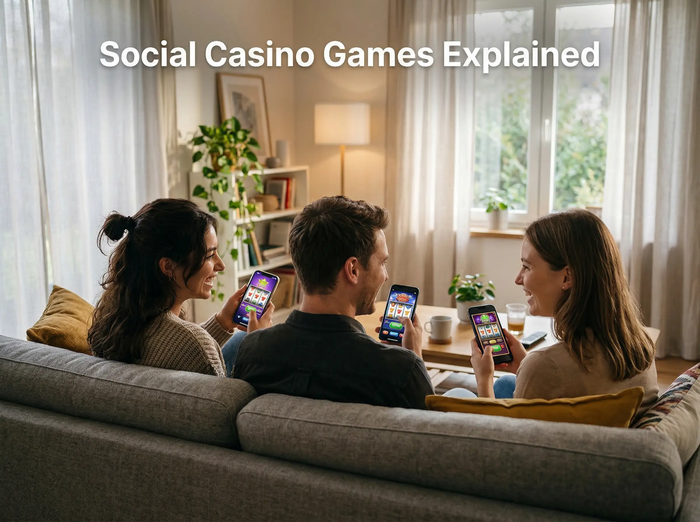 Group of friends playing social casino games together on their phones while sitting on a couch