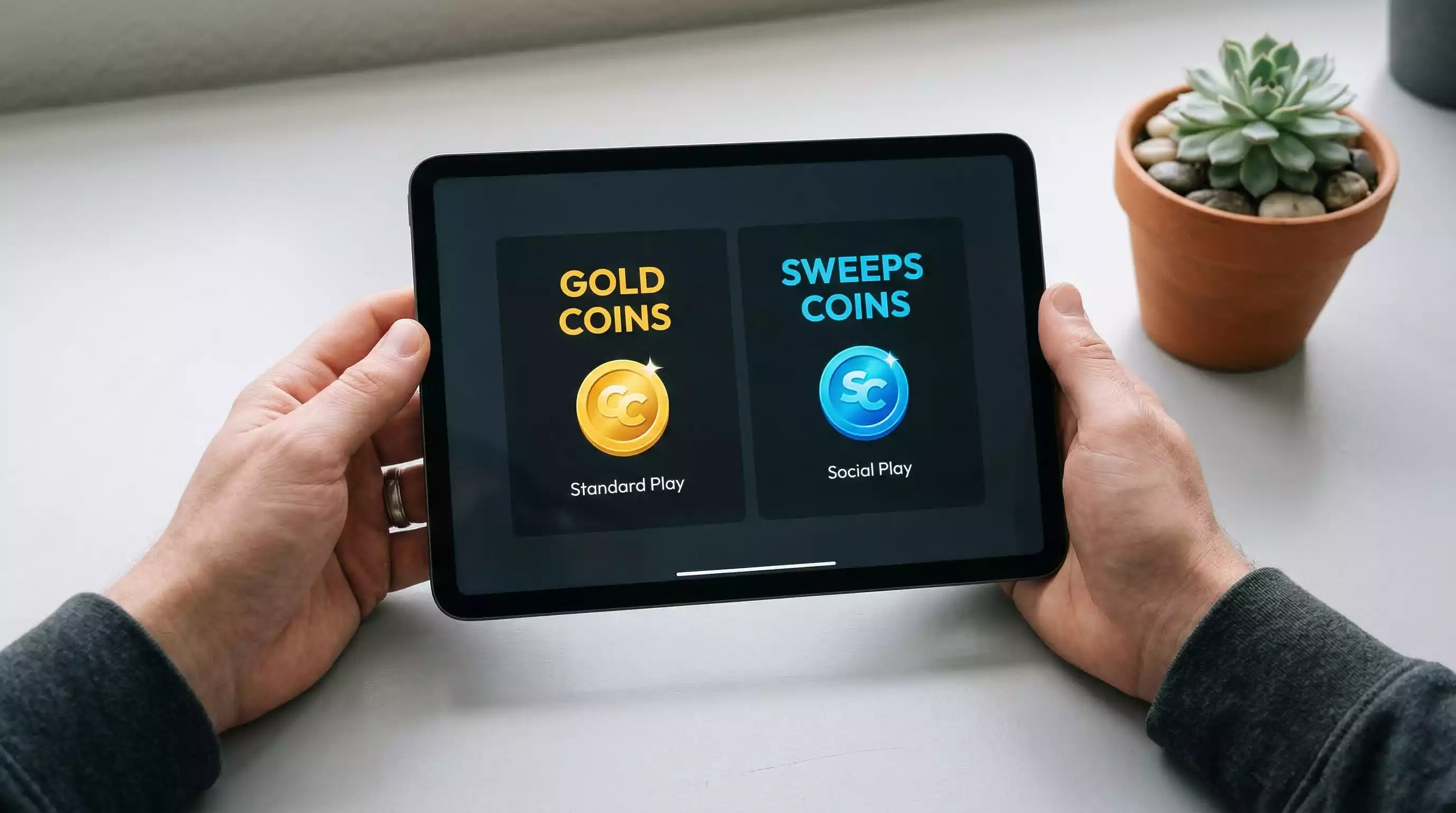 Sweeps Coins and Gold Coins dual currency system displayed on a tablet