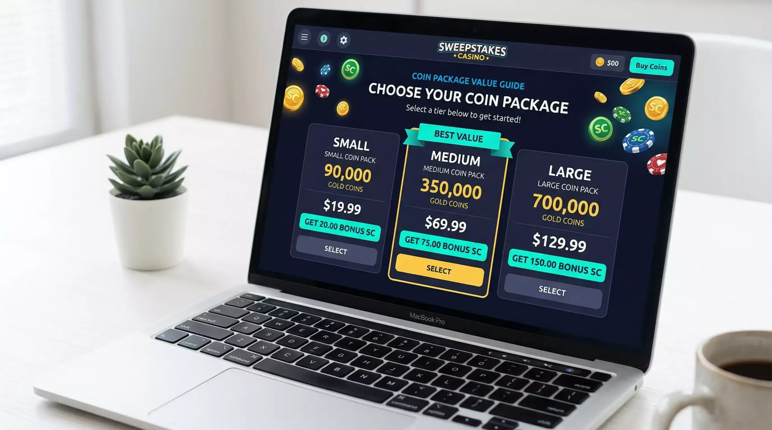 Sweepstakes casino coin package selection screen showing different tiers with Gold Coin and Sweeps Coin amounts