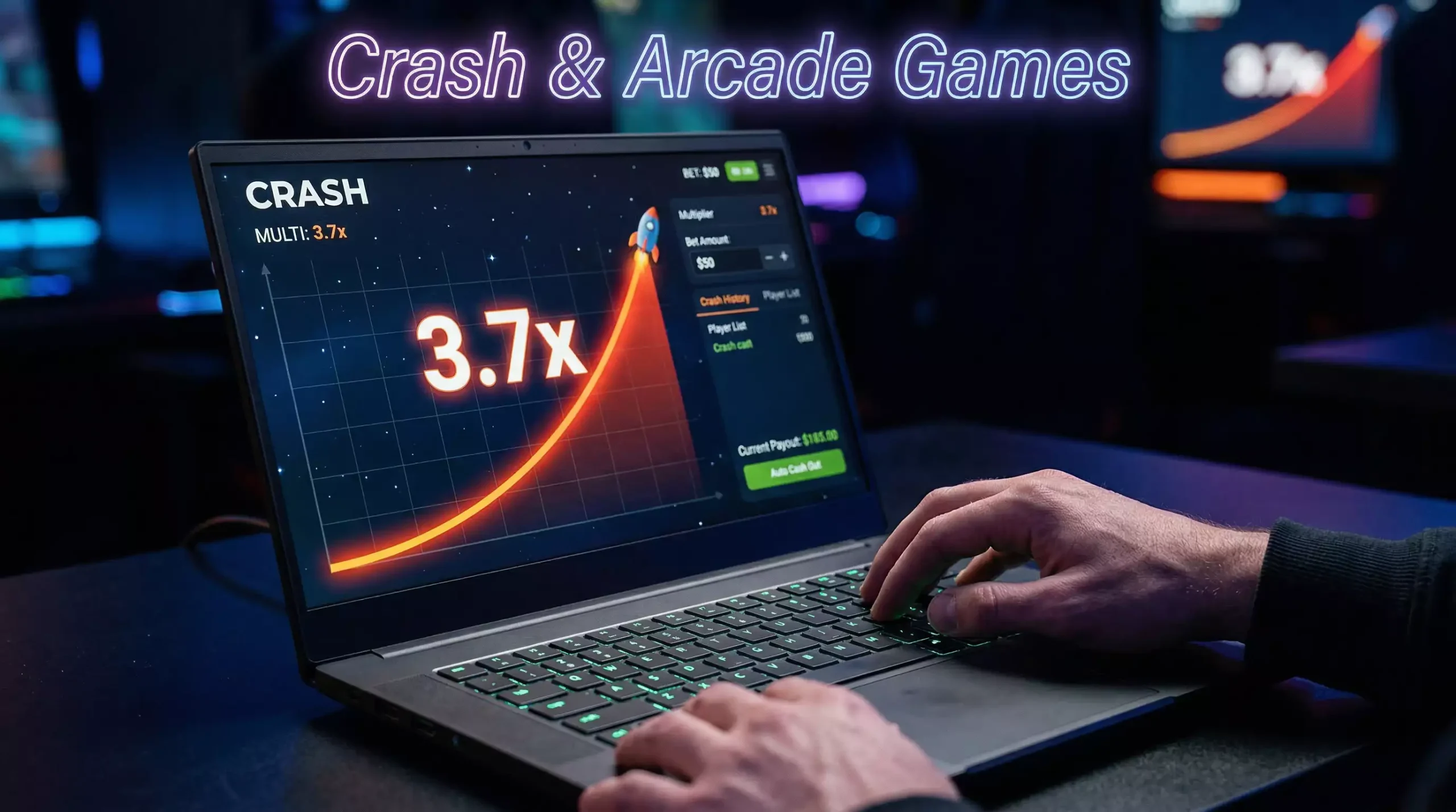 Laptop screen showing a crash game with a rising multiplier curve at a sweepstakes casino