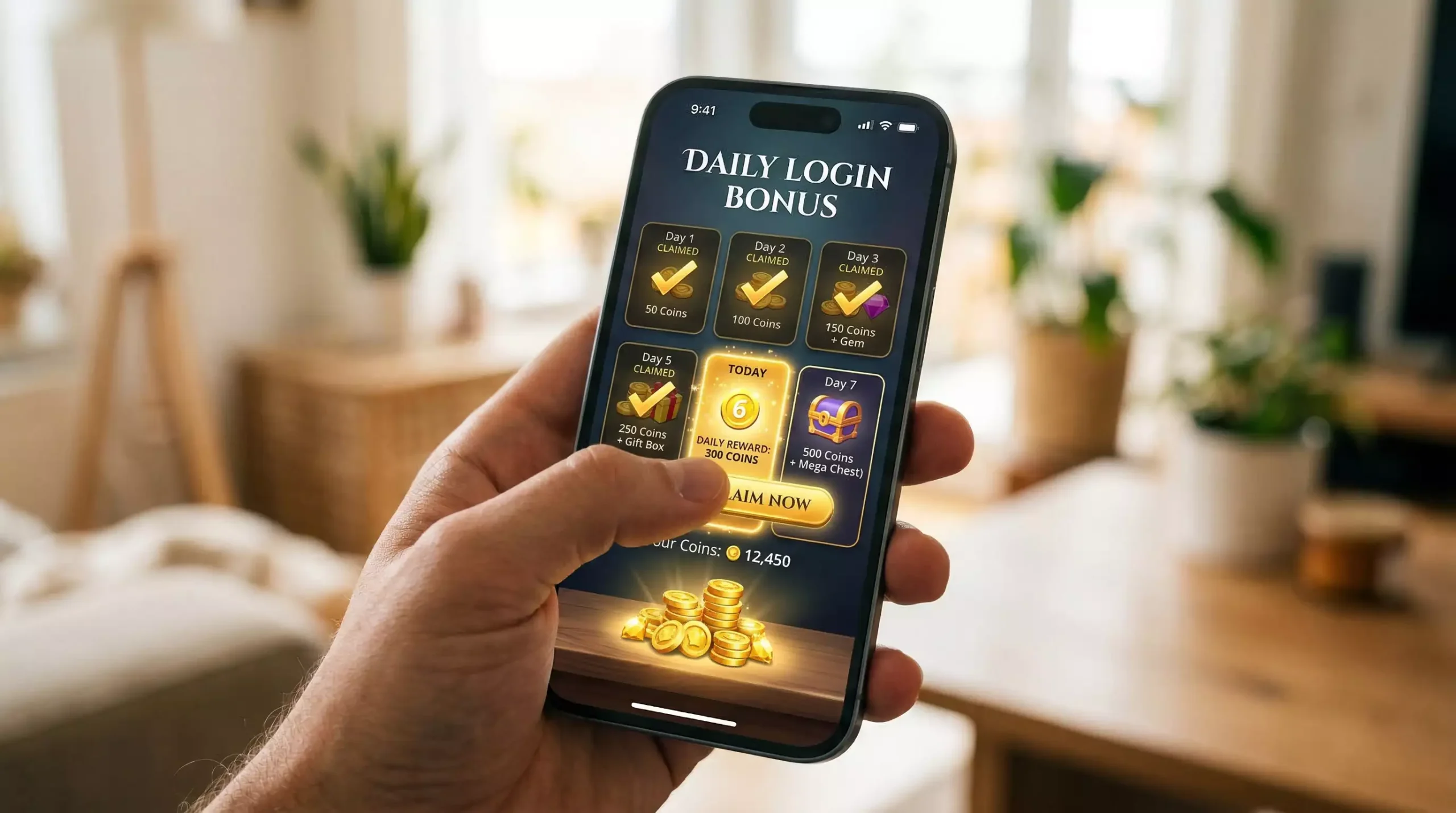 Smartphone showing a sweepstakes casino daily login reward screen with a seven-day streak progress