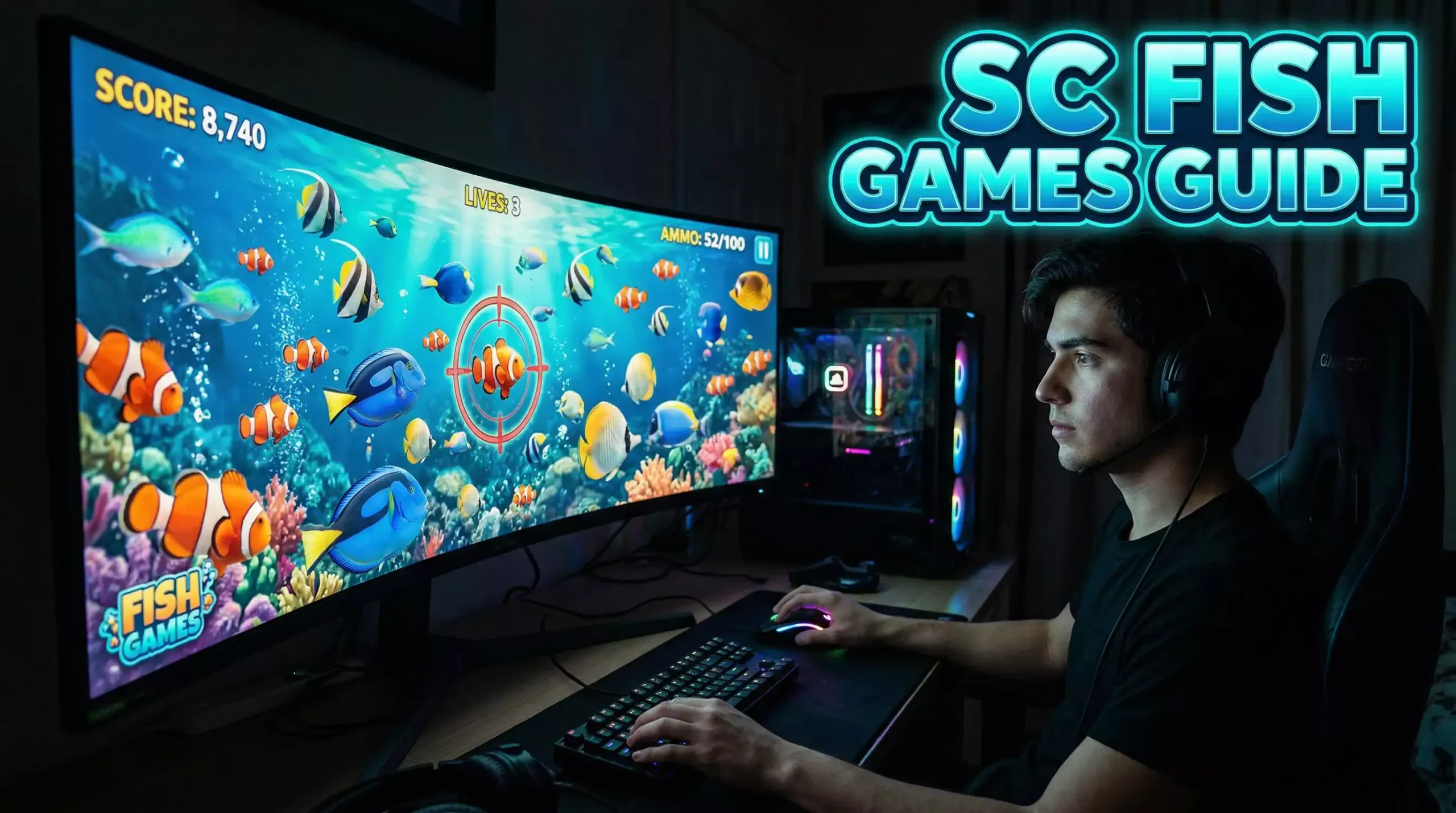 Person playing a colorful fish shooting game on a large monitor at a sweepstakes casino platform