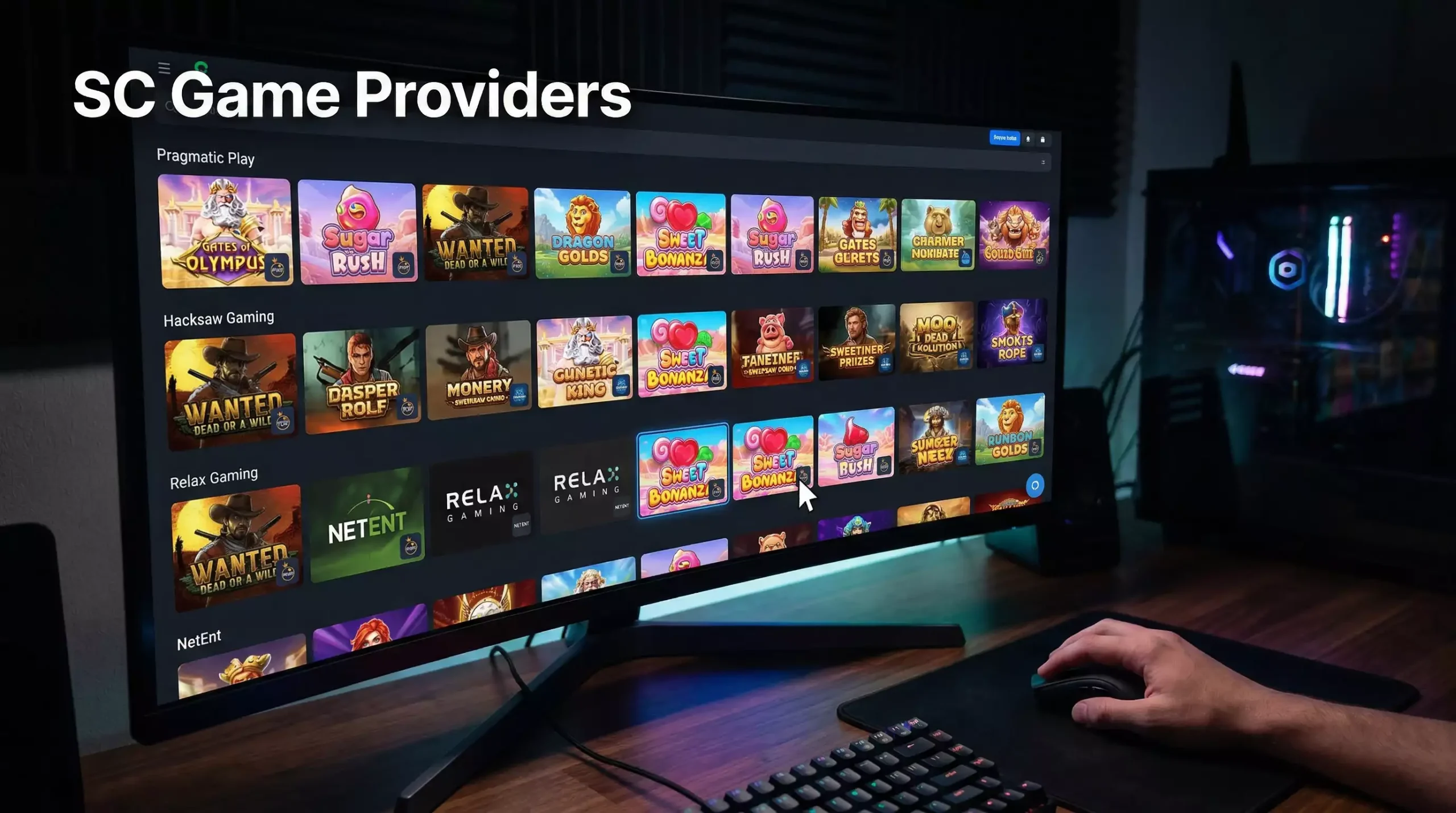 Multiple game provider studio logos displayed on a sweepstakes casino game library page