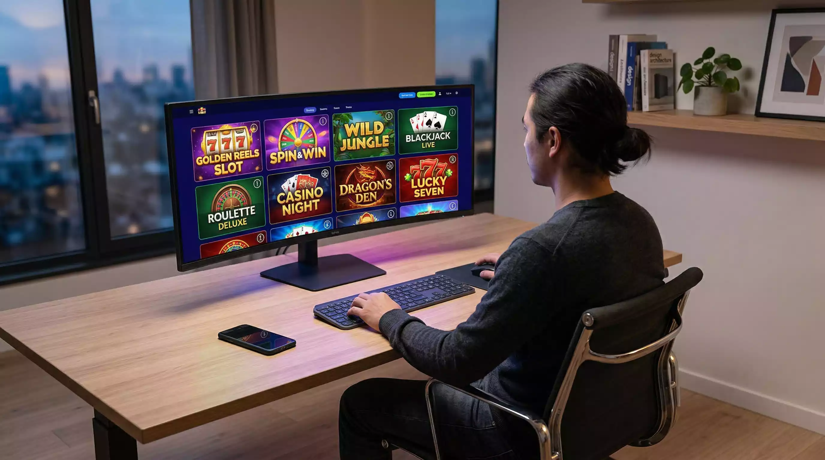 Sweepstakes casino game lobby showing slots, table games, and live dealer categories