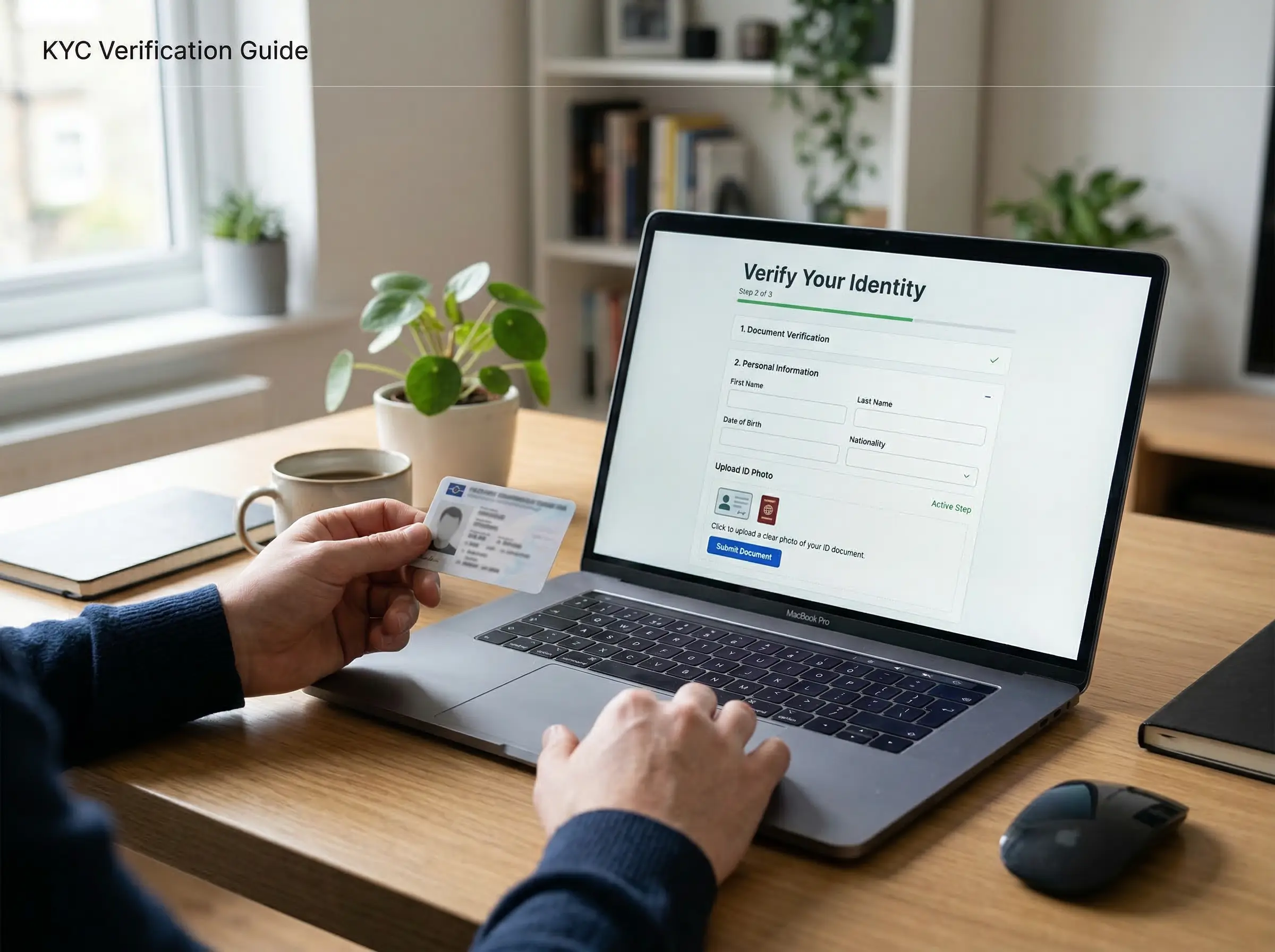 Person holding an ID document next to a laptop showing a sweepstakes casino identity verification screen