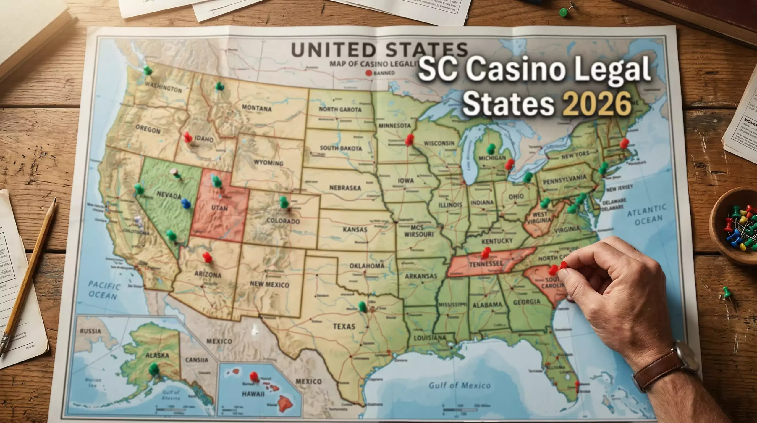 Stylized map of the United States showing sweepstakes casino legal status by state in 2026