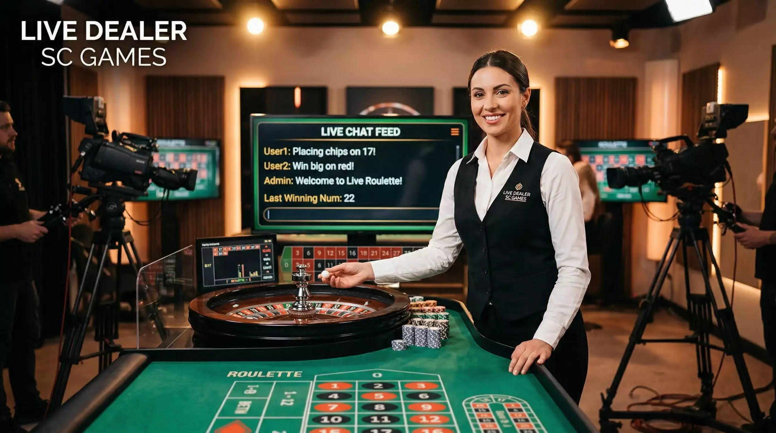 Professional live dealer standing behind a roulette table in a studio setting streamed to a sweepstakes casino