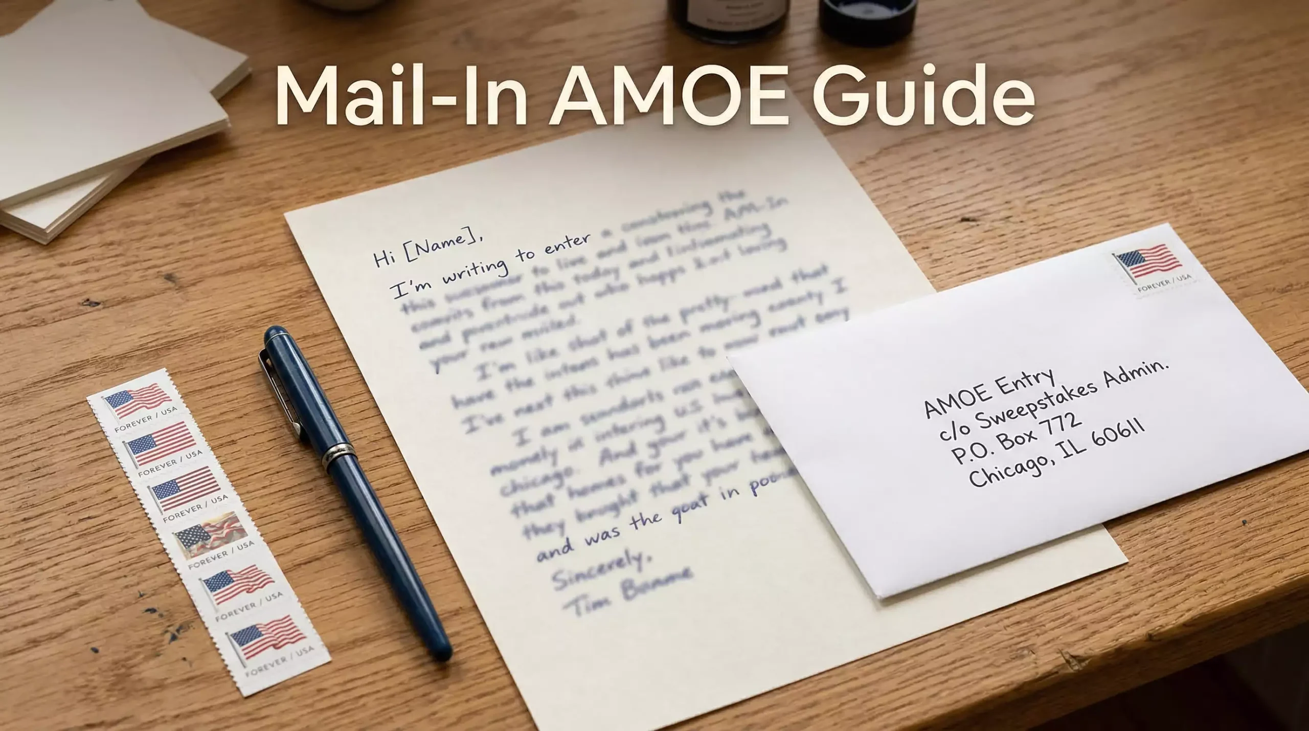 Handwritten letter requesting free Sweeps Coins next to a stamped envelope ready for mailing