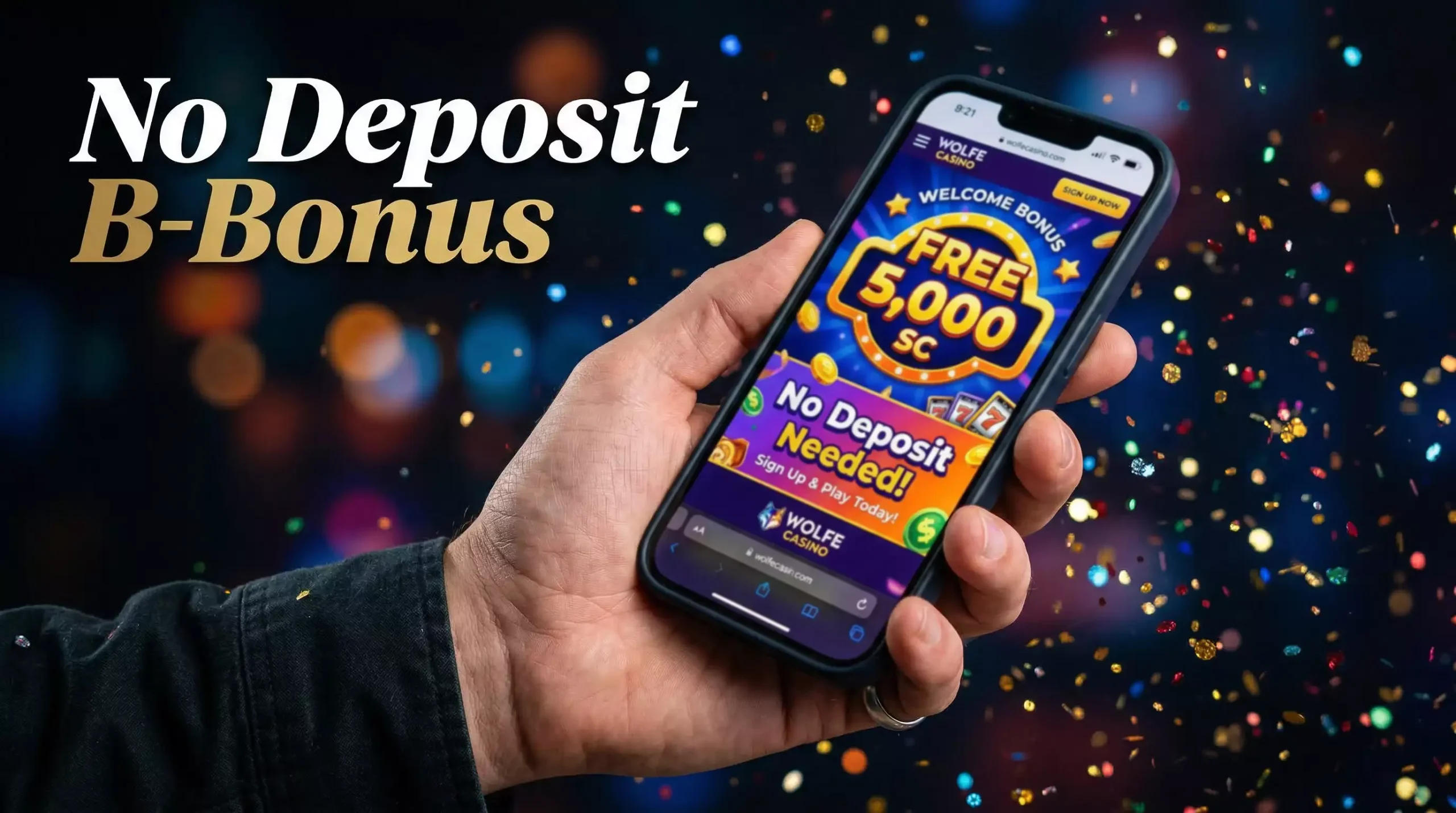 Smartphone screen showing a sweepstakes casino welcome offer with free Sweeps Coins and no deposit required badge