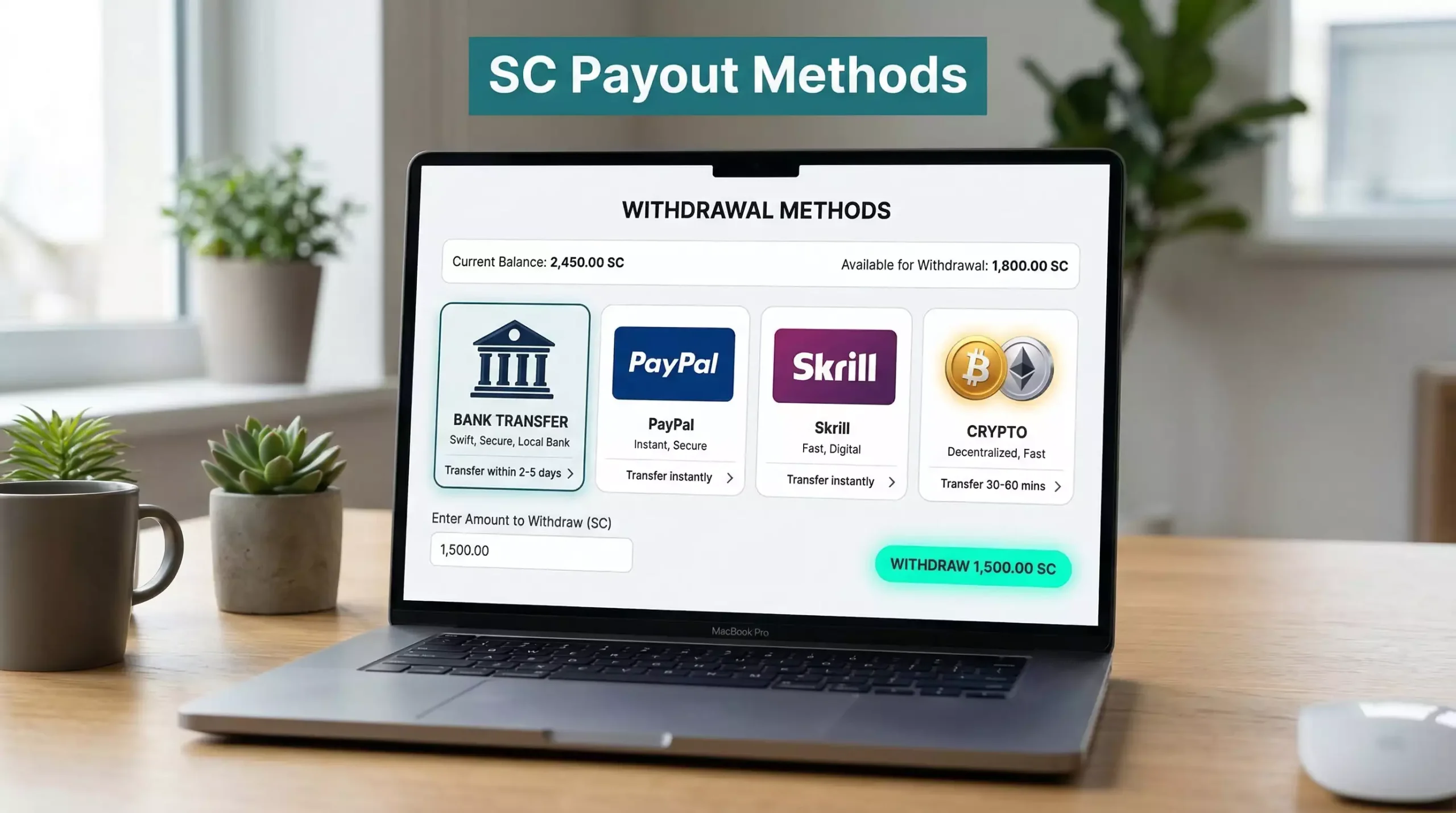 Multiple payout method icons including bank transfer PayPal and crypto displayed on a sweepstakes casino withdrawal screen