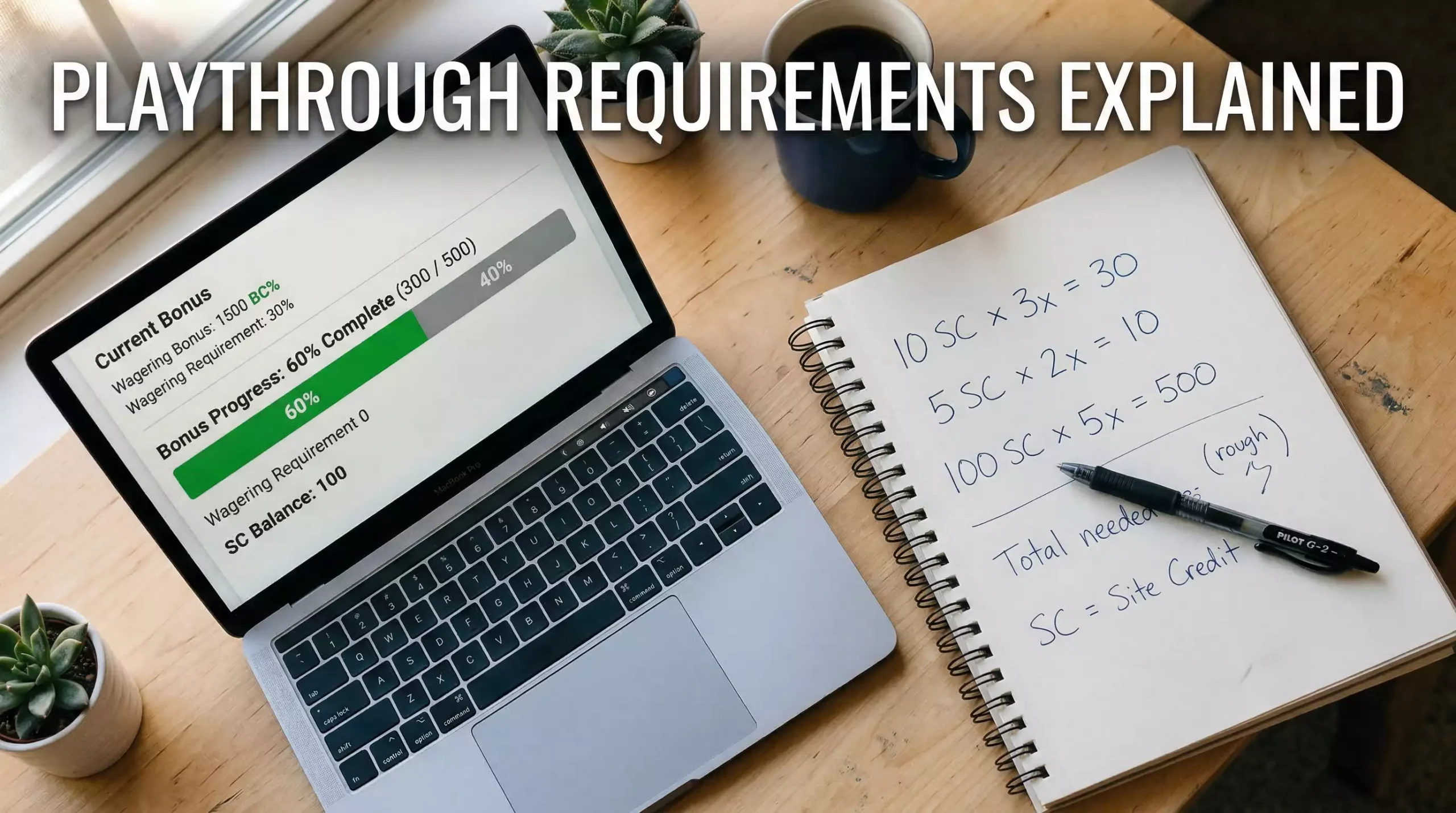 Notebook with playthrough requirement calculations next to a laptop showing a sweepstakes casino bonus progress bar