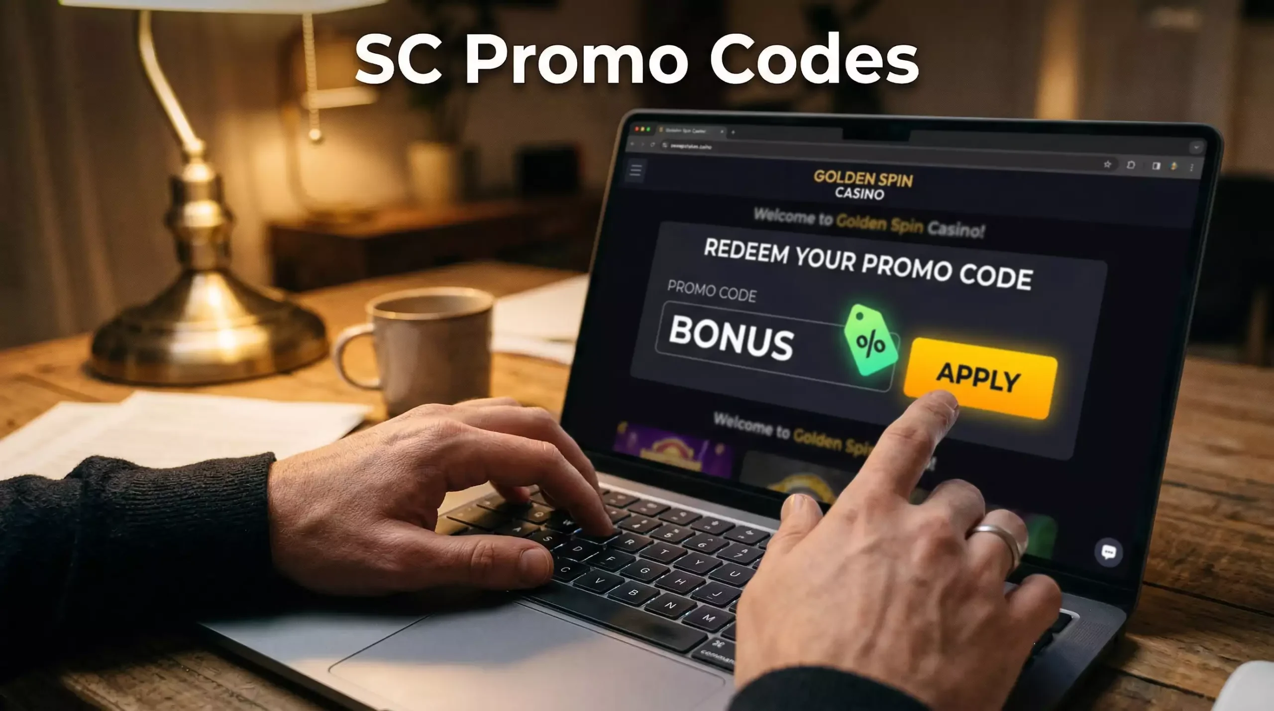 Person typing a promo code into a sweepstakes casino website on a laptop with a discount badge on screen