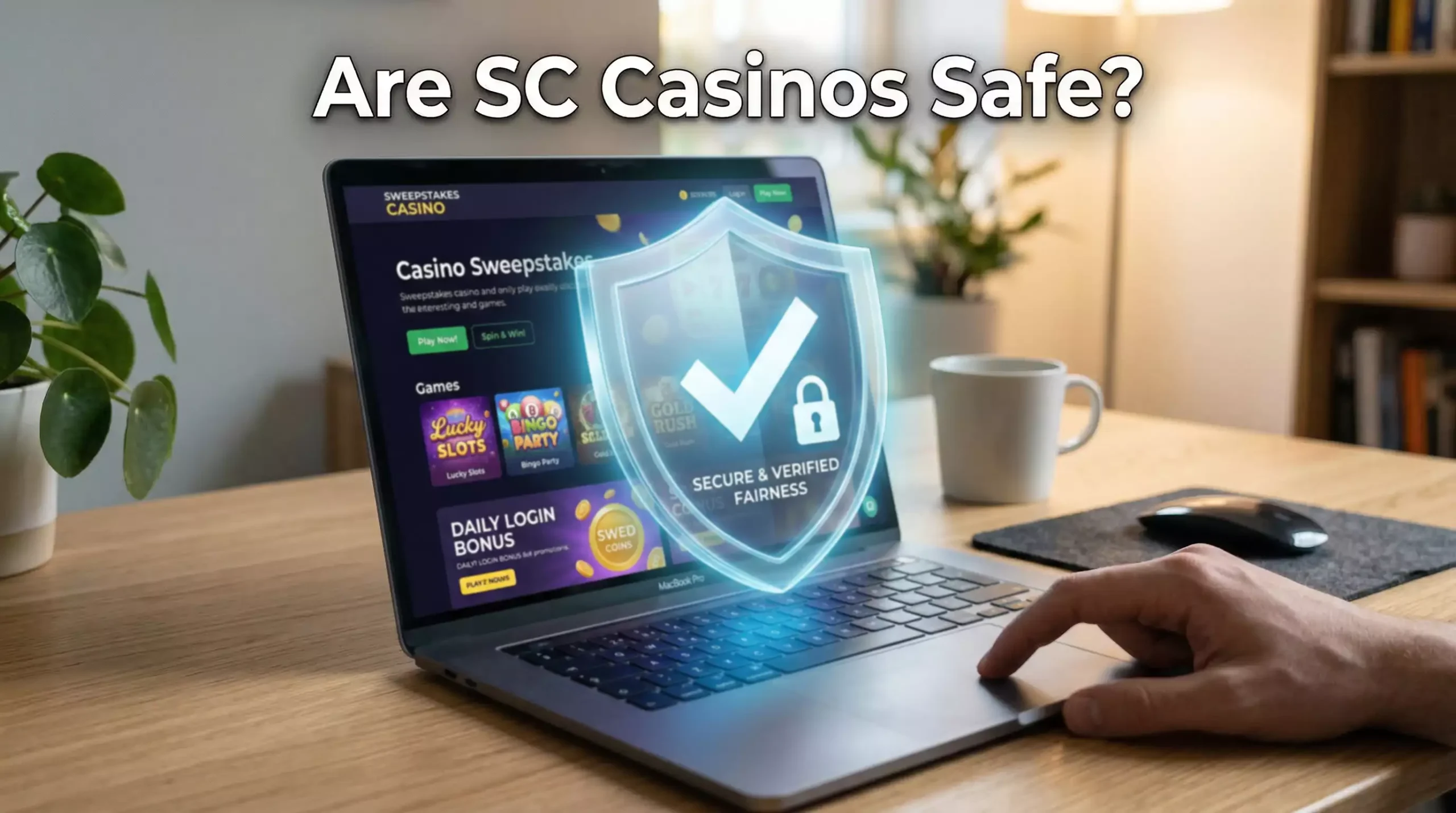 Lock icon and shield badge overlaying a sweepstakes casino interface symbolizing security and fair play