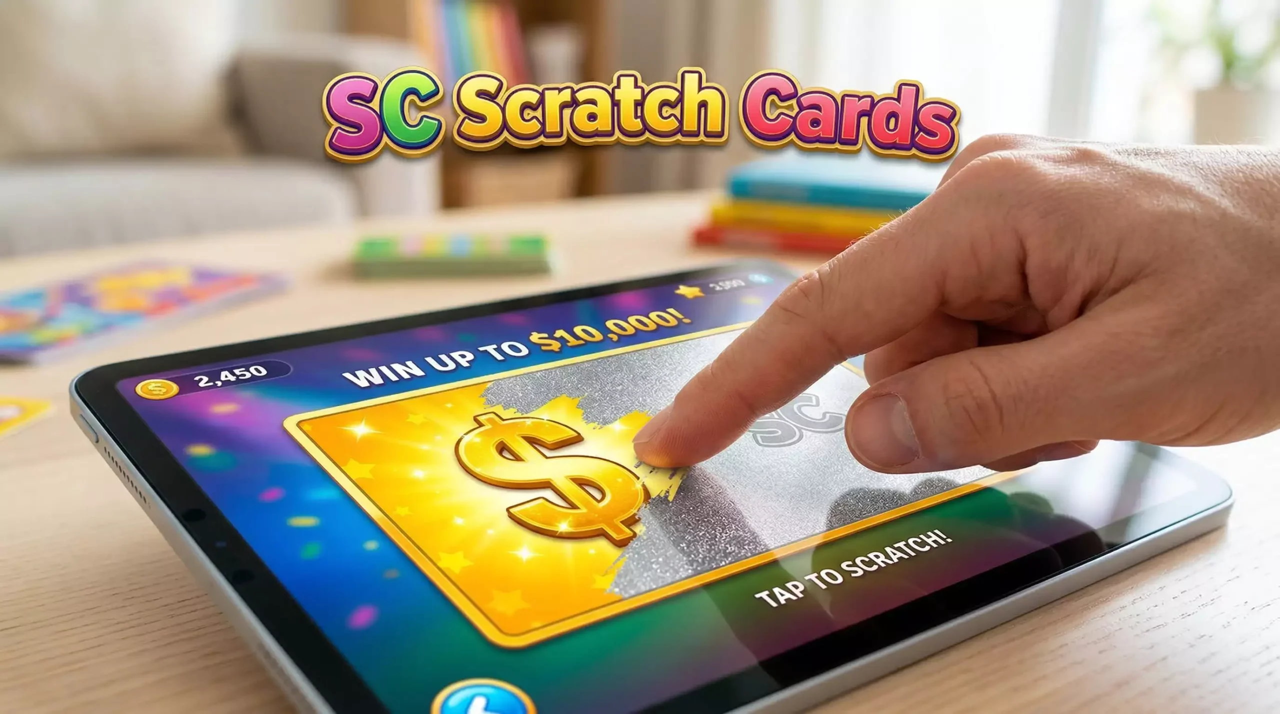 Person scratching a digital scratch card on a tablet revealing a winning prize at a sweepstakes casino