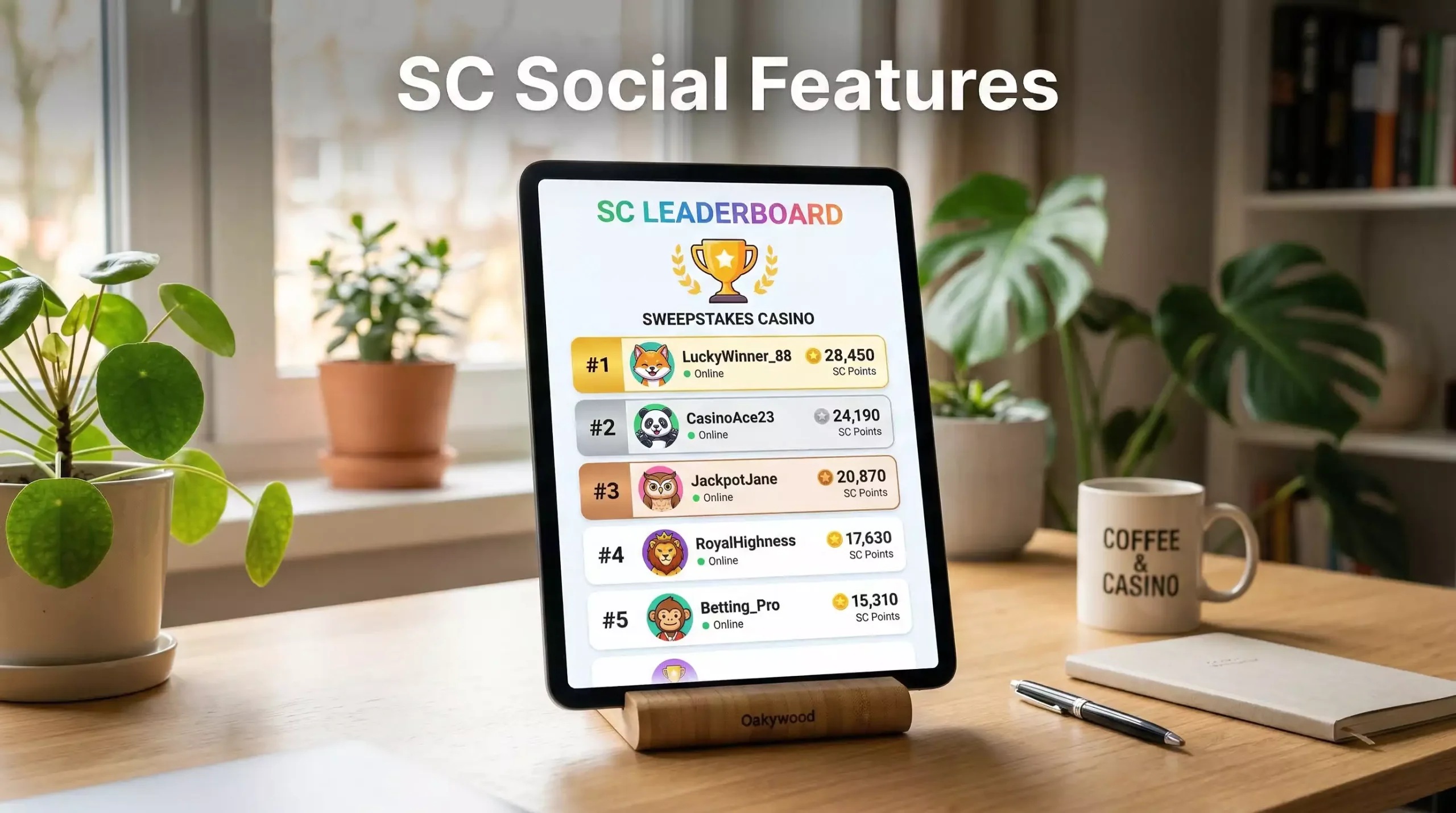 Sweepstakes casino leaderboard showing top player rankings and tournament scores on a tablet screen