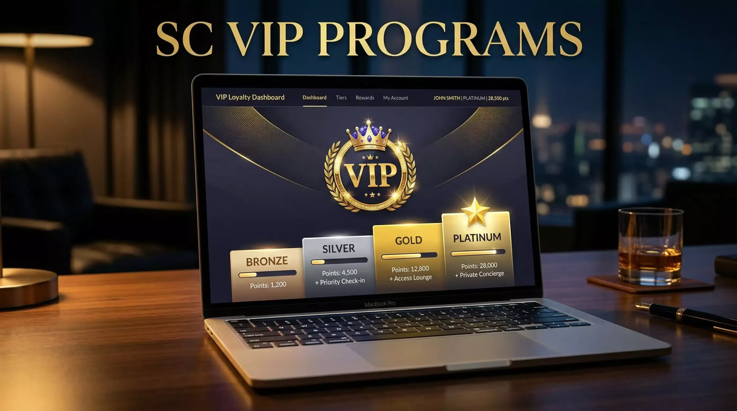 Golden VIP badge with tier levels displayed on a sweepstakes casino loyalty program screen