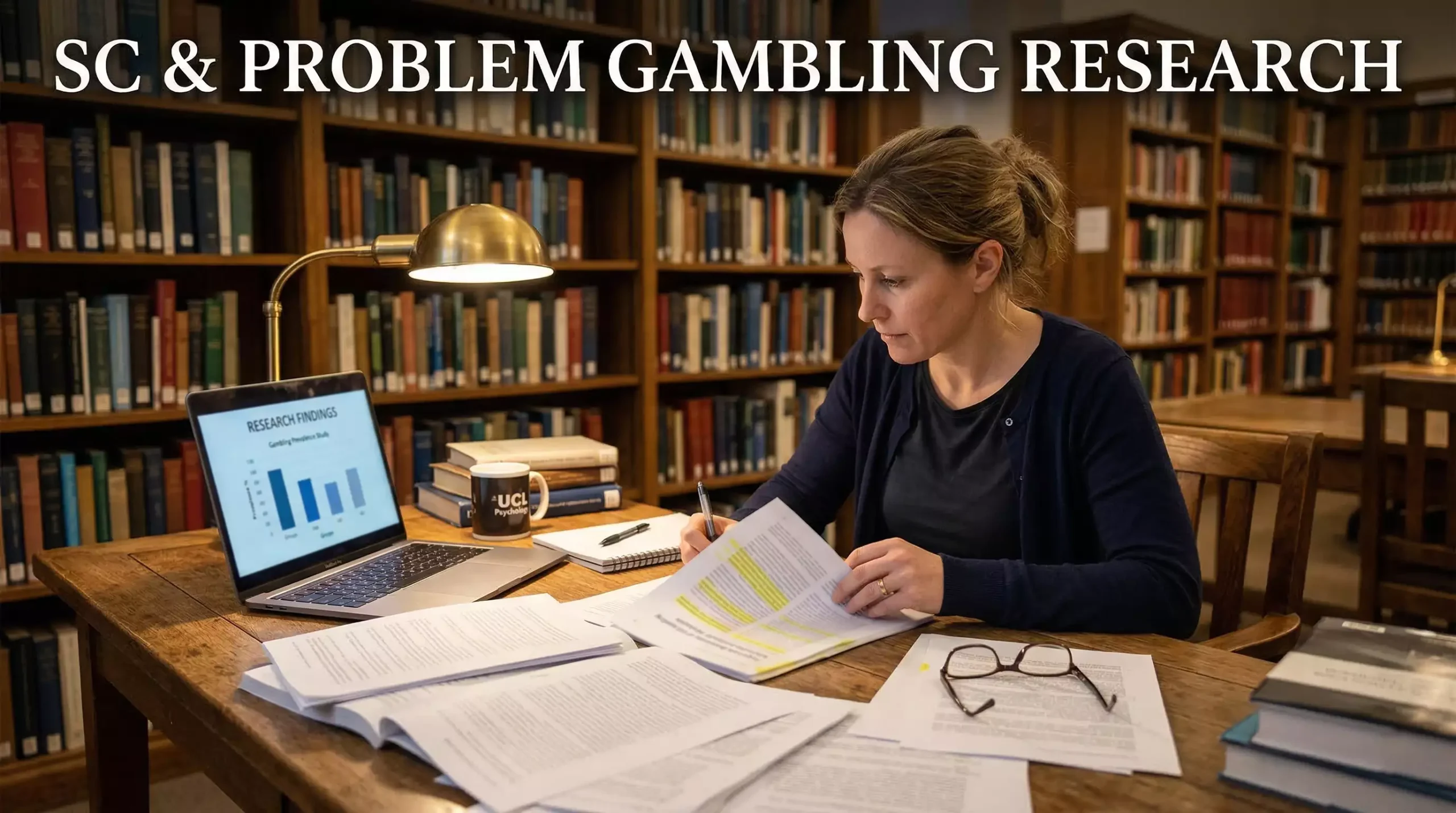 Researcher reviewing academic papers and data about sweepstakes casino problem gambling at a desk