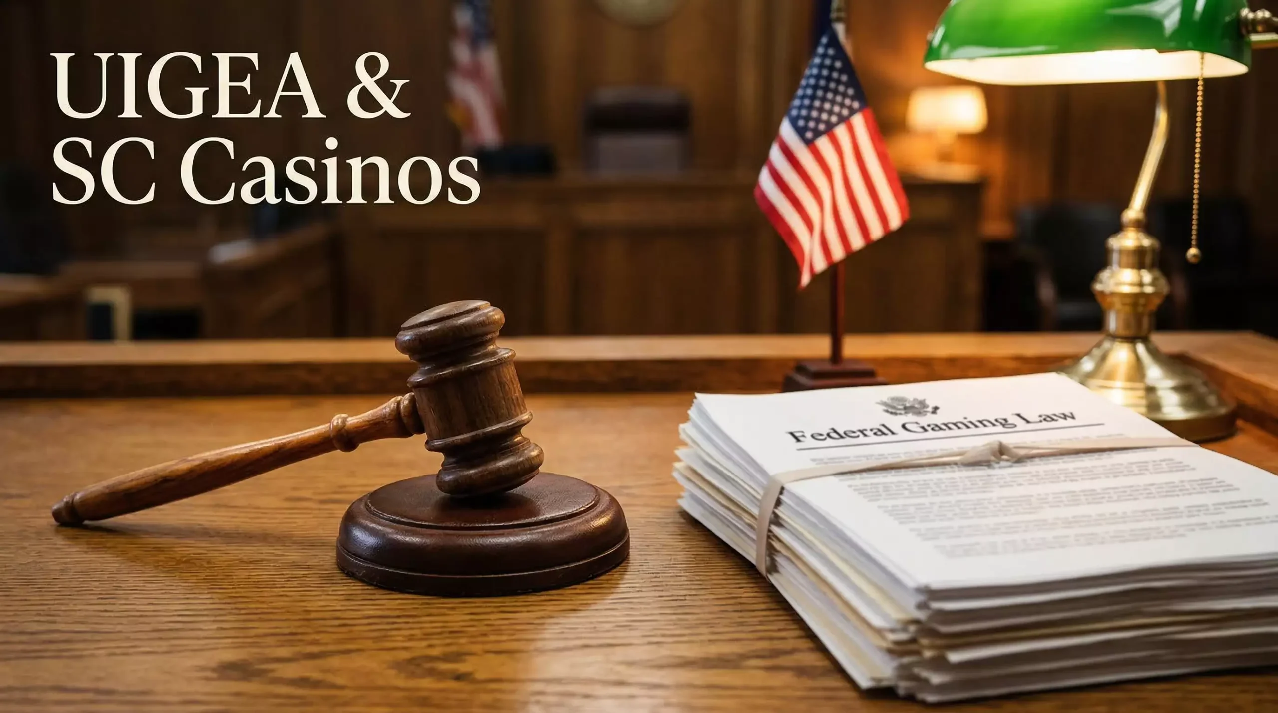Legal document with UIGEA text and a gavel on a desk symbolizing federal gambling law and sweepstakes regulation